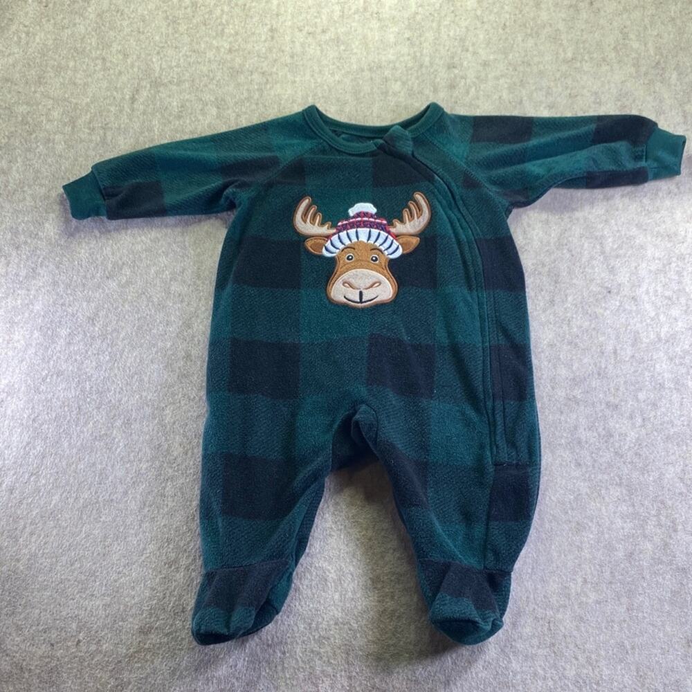 Place Kids Green and Black Plaid Zip-up One Piece with Moose Size 0-3 months